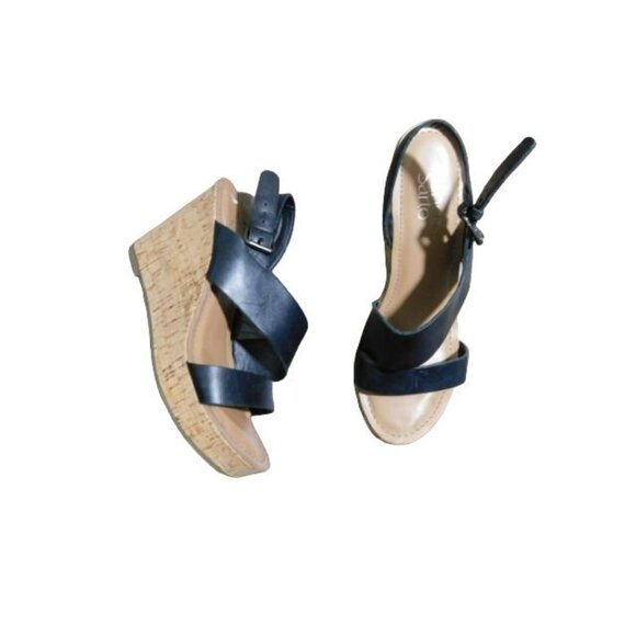 Franco Sarto Size 8.5M Black Strappy Cork Wedge Heels - Picture 1 of 3